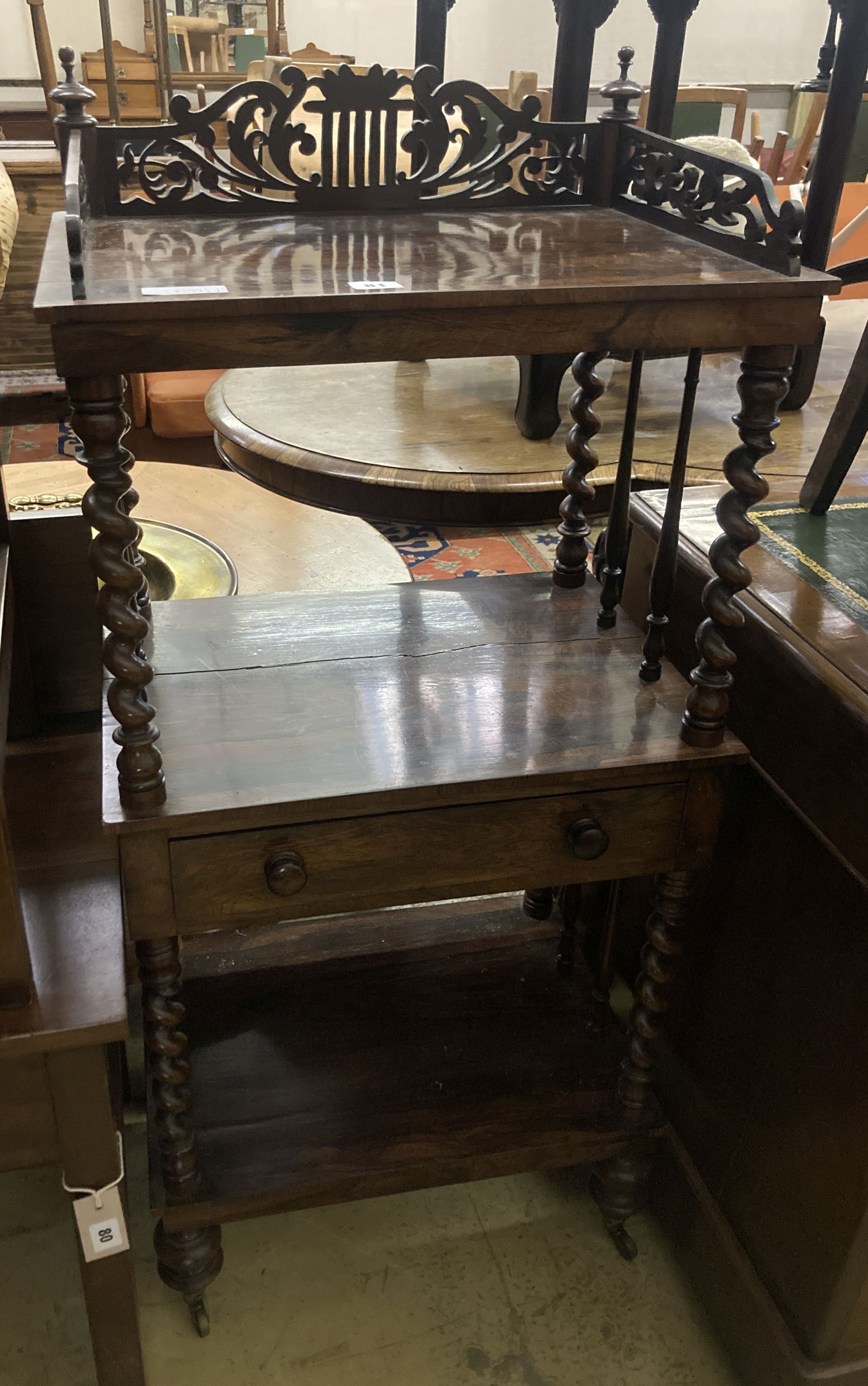 A Victorian rosewood three tier whatnot, width 50cm depth 36cm height 108cm